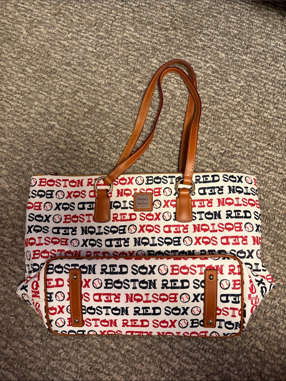Dooney & Bourke White Red Navy Boston Red Sox Logo Tote with Tan Handles